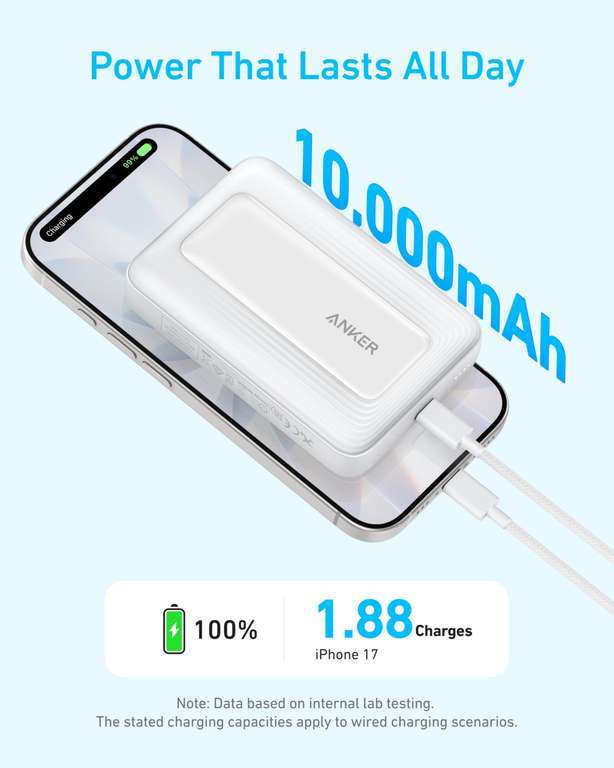 ANKER-A110TH21-Batería portátil Anker de 10.000 mAhPotencia anunciada de hasta 30 WCable USB-C integrado según ATCPresentación blancaPensada para recargar dispositivos compatibles fuera de casaLa potencia disponible depende de los protocolos admitidos por el dispositivoGarantía: 1 AñoConsultar información del producto
