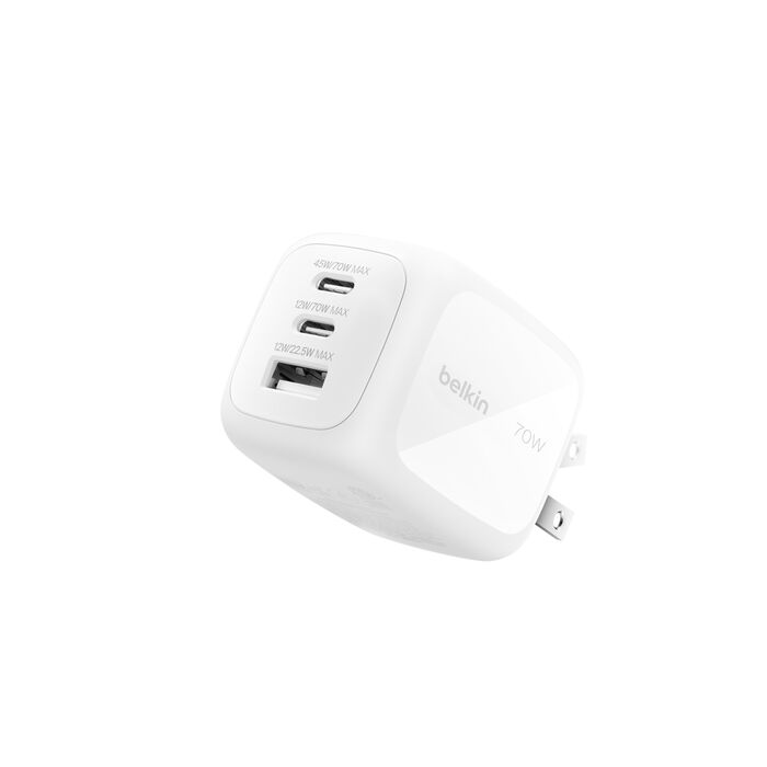 Cargador De Pared Belkin 70W Usb-C Pd Pps  2 Usb-C 45W-25W  I 1 Usb-A  12WBELKINWCH018DQWH