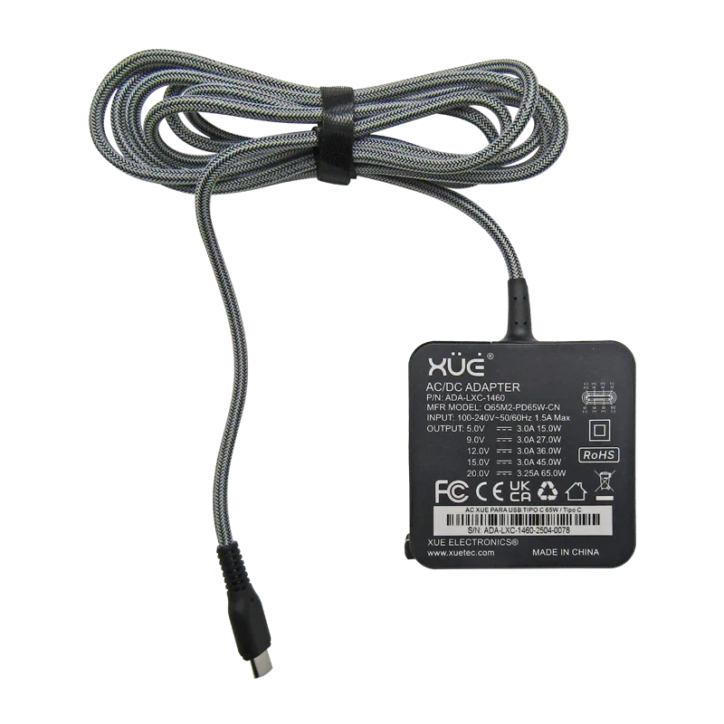 Cargador de corriente XUE® Type-C 20V-3.25A/15V-3A/9V-3A/5V-3A 65W 1.5M USB-C Wall / Negro-XUE®-Q65M2-PD65W-CN