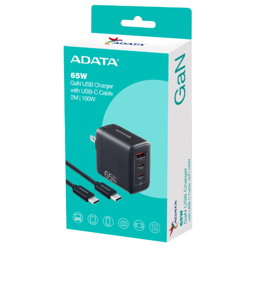 Cargador Adata De 65 Wt Portatil Negro Con CableADATACHU-0653-QCPDBK-CCU2-200