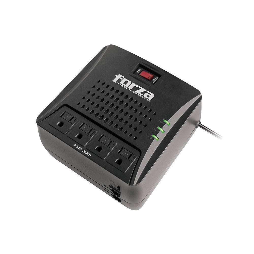 FORZA-FVR-3001-Regulador automático Forza FVR-3001Capacidad de 3.000 VA y 1.500 WCuatro salidas para equipos compatiblesPresentación de 120 V según ATCProtección de línea de red o telefónica mediante conexiones RJ45/RJ11Temporizador de retardoConstrucción con material retardante de llamaUn regulador no sustituye el respaldo de batería de una UPSGarantía: 2 AñosConsultar información del producto