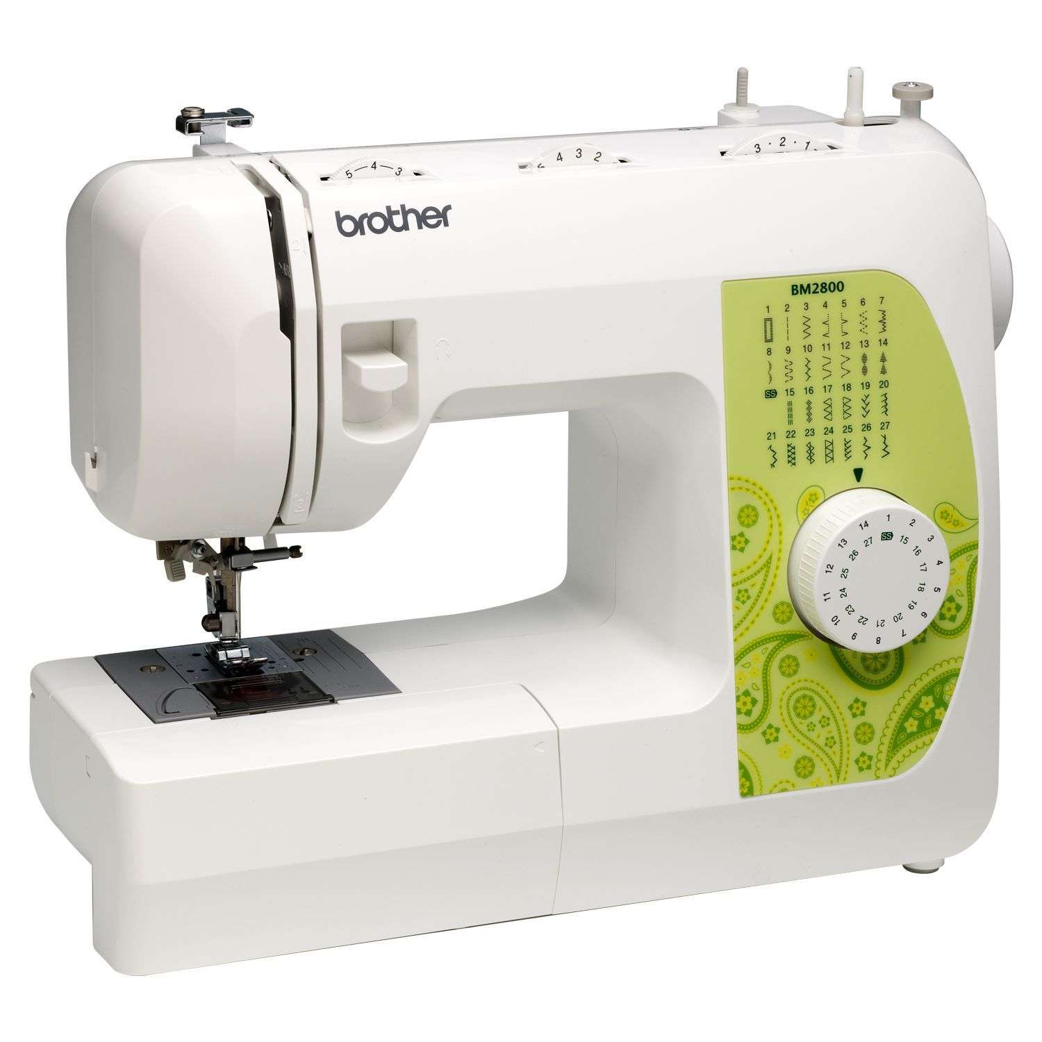 BROTHER-BM2800-Máquina mecánica Brother BM280027 puntadas y 63 funciones de costuraOjal automático de un pasoSelector de puntadas de manejo directoCama plana convertible a brazo libreEnhebrador de aguja y bobina superior de colocación rápidaLuz LEDVelocidad máxima de 800 puntadas por minutoAncho de hasta 5 mm y largo de hasta 4 mmIncluye seis prensatelas según la ficha del fabricanteConsultar información del producto